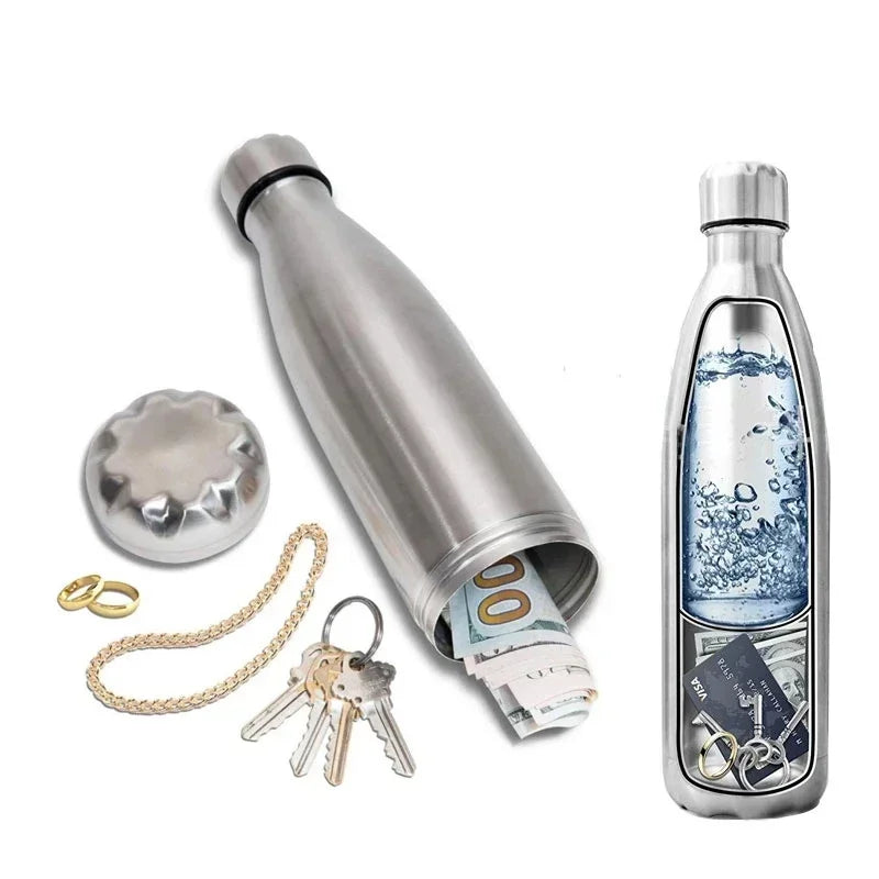 Silver water bottle with compartments for keys, money, and a card on a white background