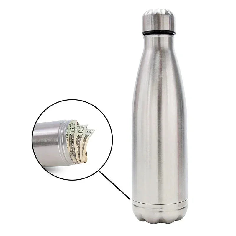 Silver insulated bottle with a small inset showing money hidden inside.