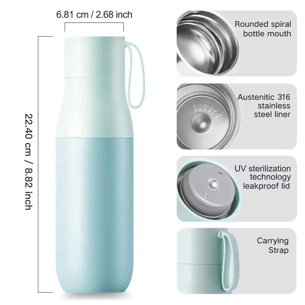 A light mint green insulated bottle with dimension annotations showing 22.40 cm (8.