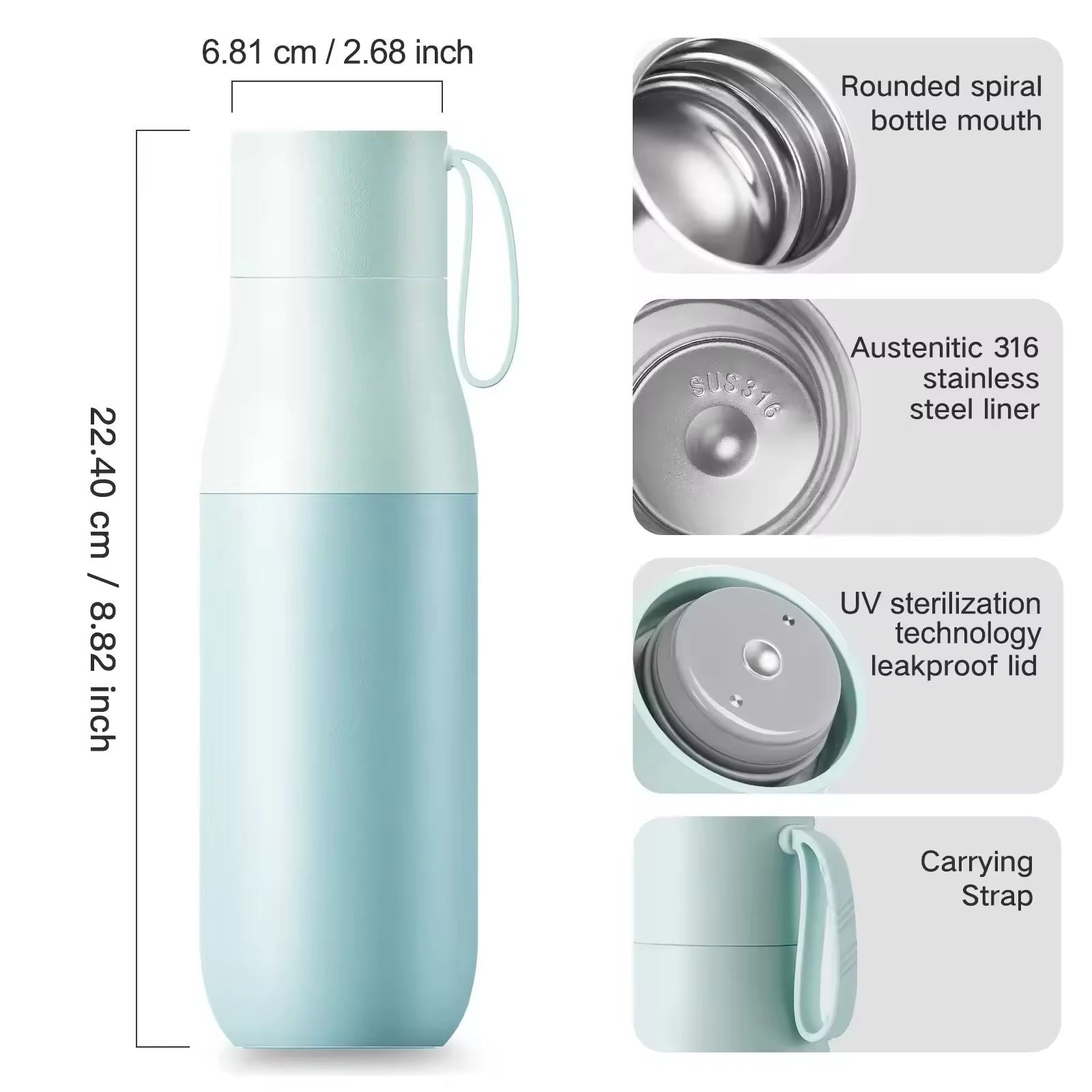 A light mint green insulated bottle with dimension annotations showing 22.40 cm (8.