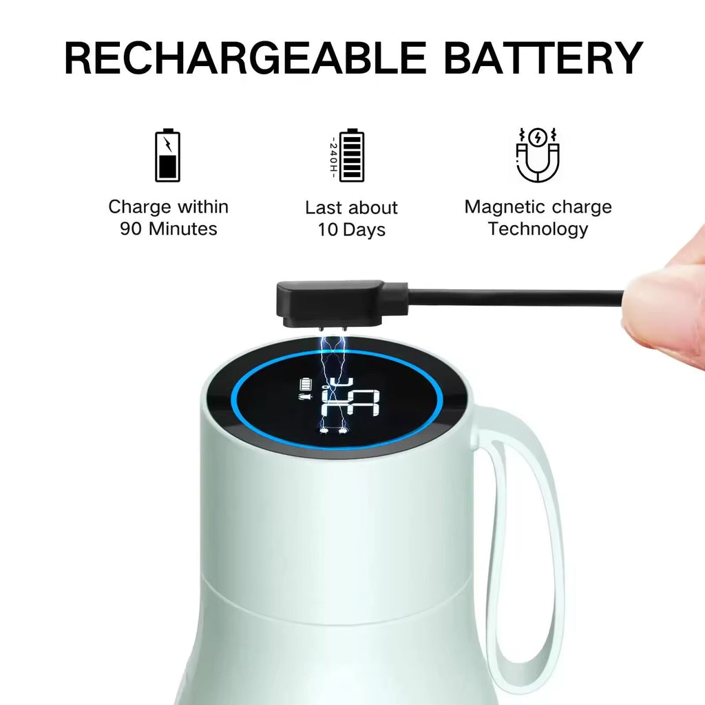 Rechargeable battery product with charging cable and text on a white background