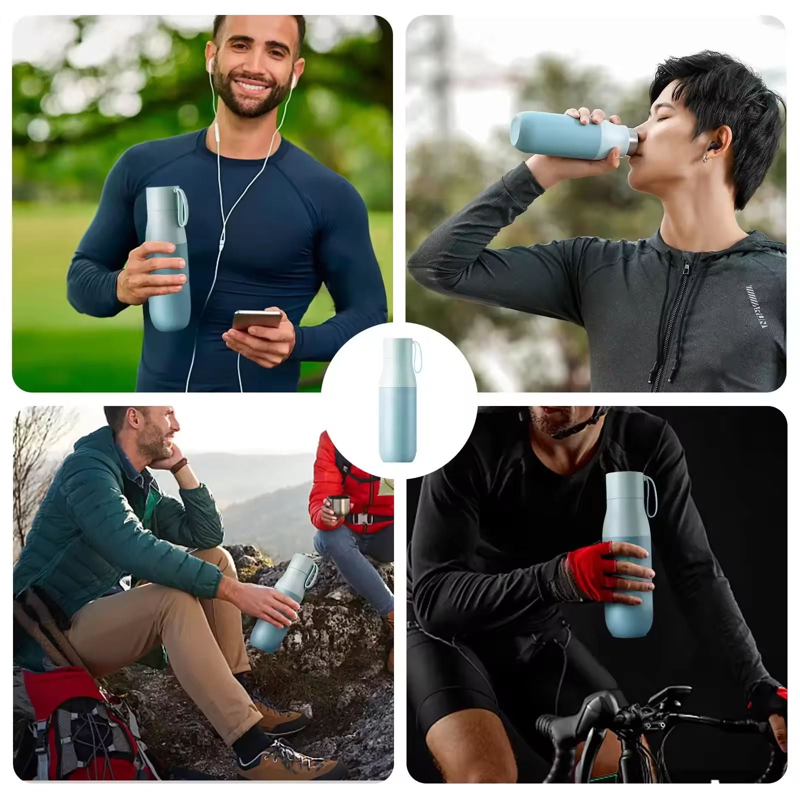 A four-panel collage showing a light blue reusable water bottle being used outdoors by men in different activities: jogging, drinking, sitting on a rock, and cycling. A centered circular inset shows the bottle alone against a white background.