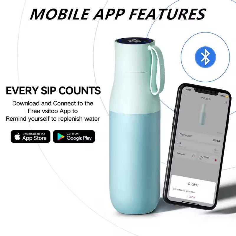 A light blue and mint green insulated water bottle with a carrying loop, shown next to a smartphone displaying a companion app. The image includes text stating 'MOBILE APP APP FEATURES', 'EVERY SIP COUNTS', app store badges, and a Bluetooth icon on a white background.