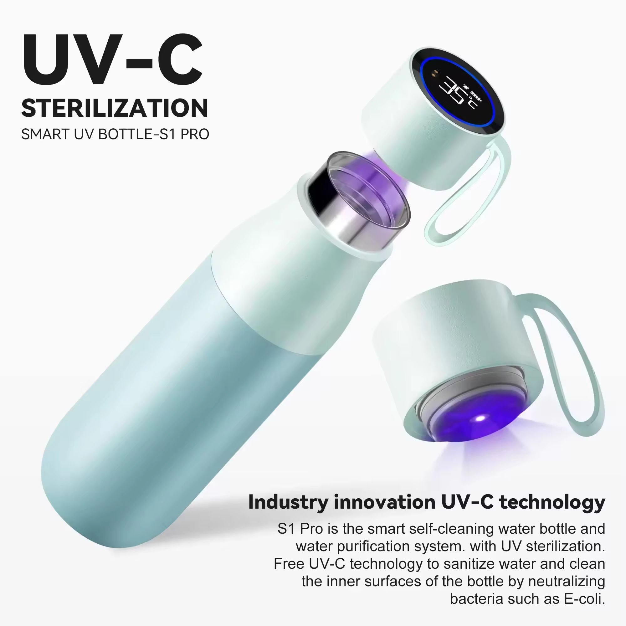 A smart self-cleaning UV bottle shown in two views on a white background: one closed bottle with a mint green body and one detached cap with a digital display and carrying loop. Text highlights UV-C sterilization and industry innovation.
