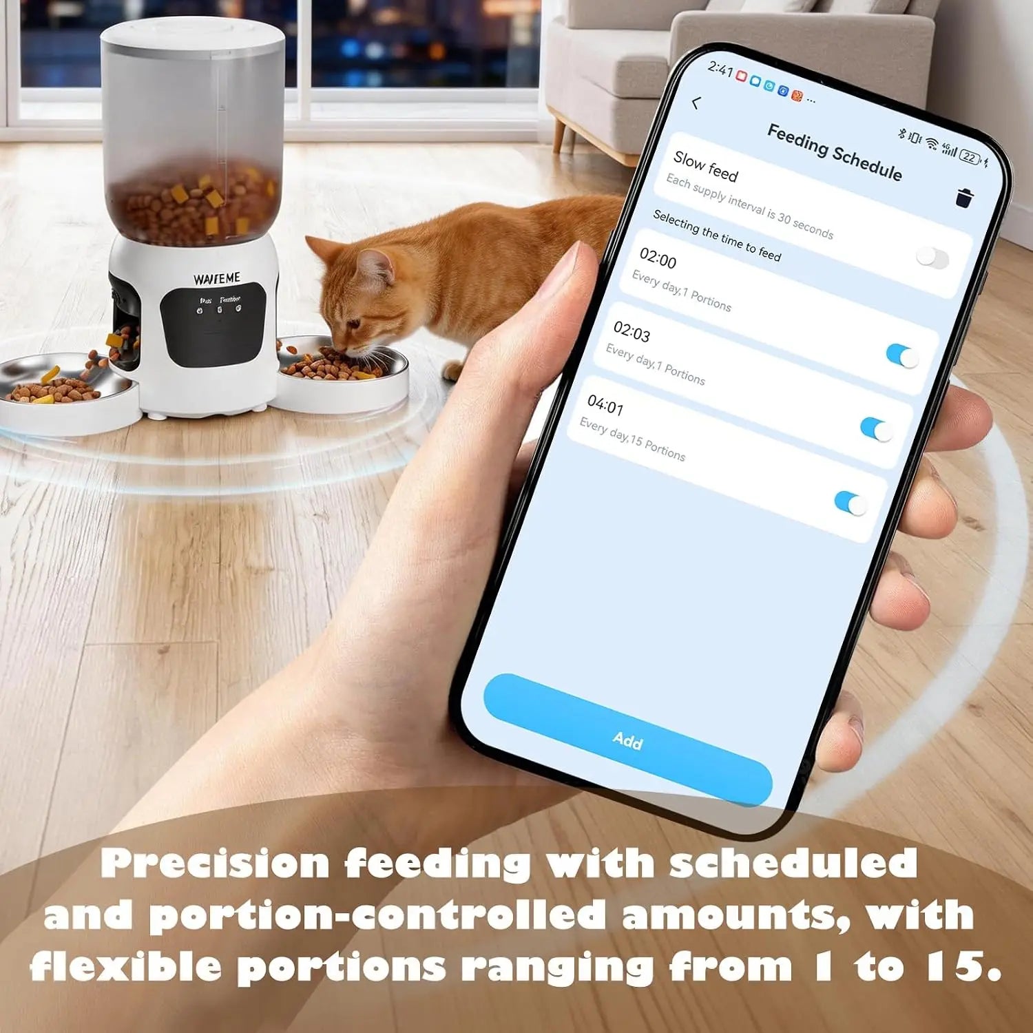 Smart pet feeder with a cat eating and a phone showing feeding schedule on a wooden floor.