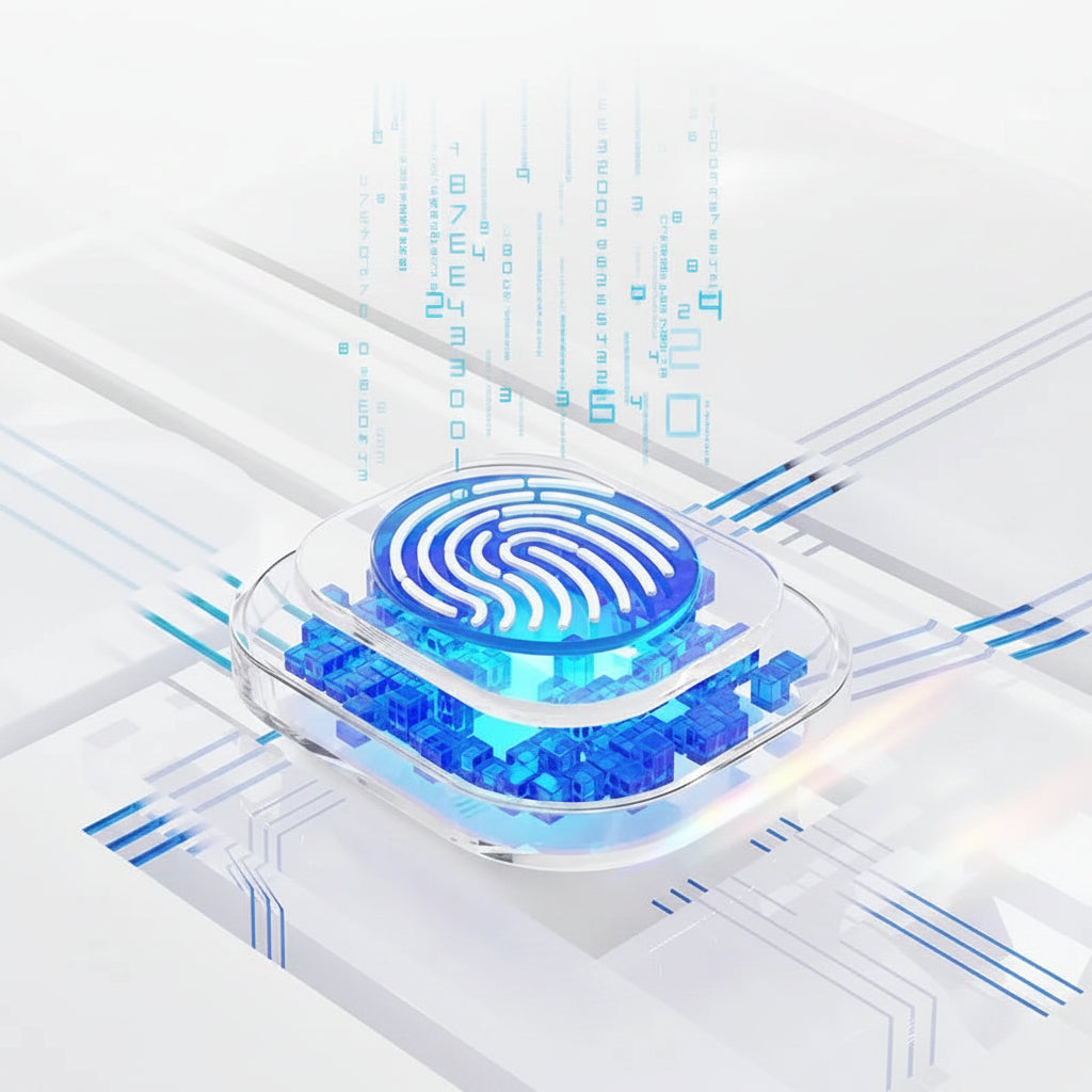 Fingerprint scanning device with blue light on a white background with text