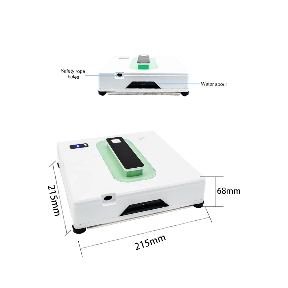 White and green robot vacuum cleaner with labeled features and dimensions on a white background