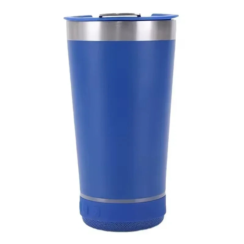 A blue insulated travel tumbler with a stainless steel band near the top and a textured blue base, shown on a plain white background.