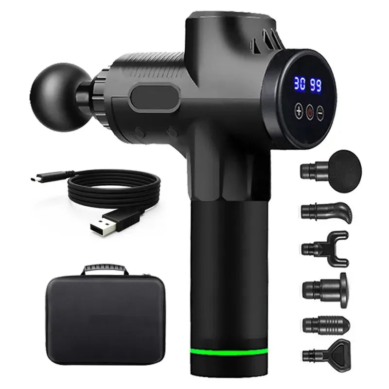 Black massage gun with digital display, attachments, and carrying case on a white background