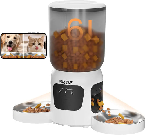Pet feeder dispensing food with a smartphone app interface showing two pets.