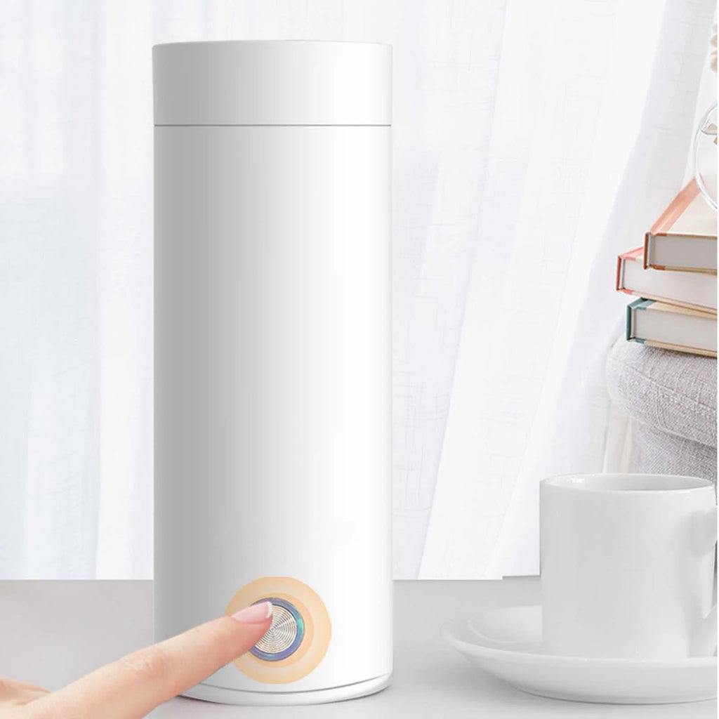 White cylindrical container with a small round device on top, on a light surface.