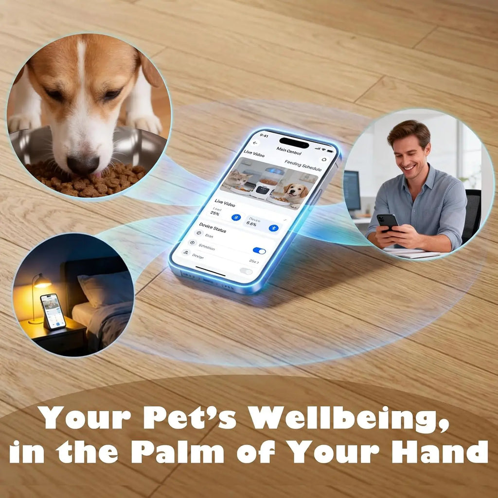 Smart pet feeder with smartphone app on wooden surface, showing a man using the app and a dog eating from the feeder.