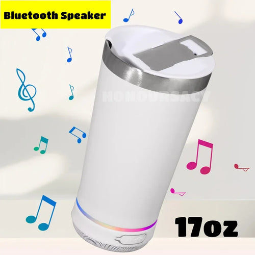 A white cylindrical Bluetooth speaker tumbler with a silver metallic rim and a colorful LED light band near the base, shown on a light background with floating music notes and text reading 'Bluetooth Speaker' and '17oz'.