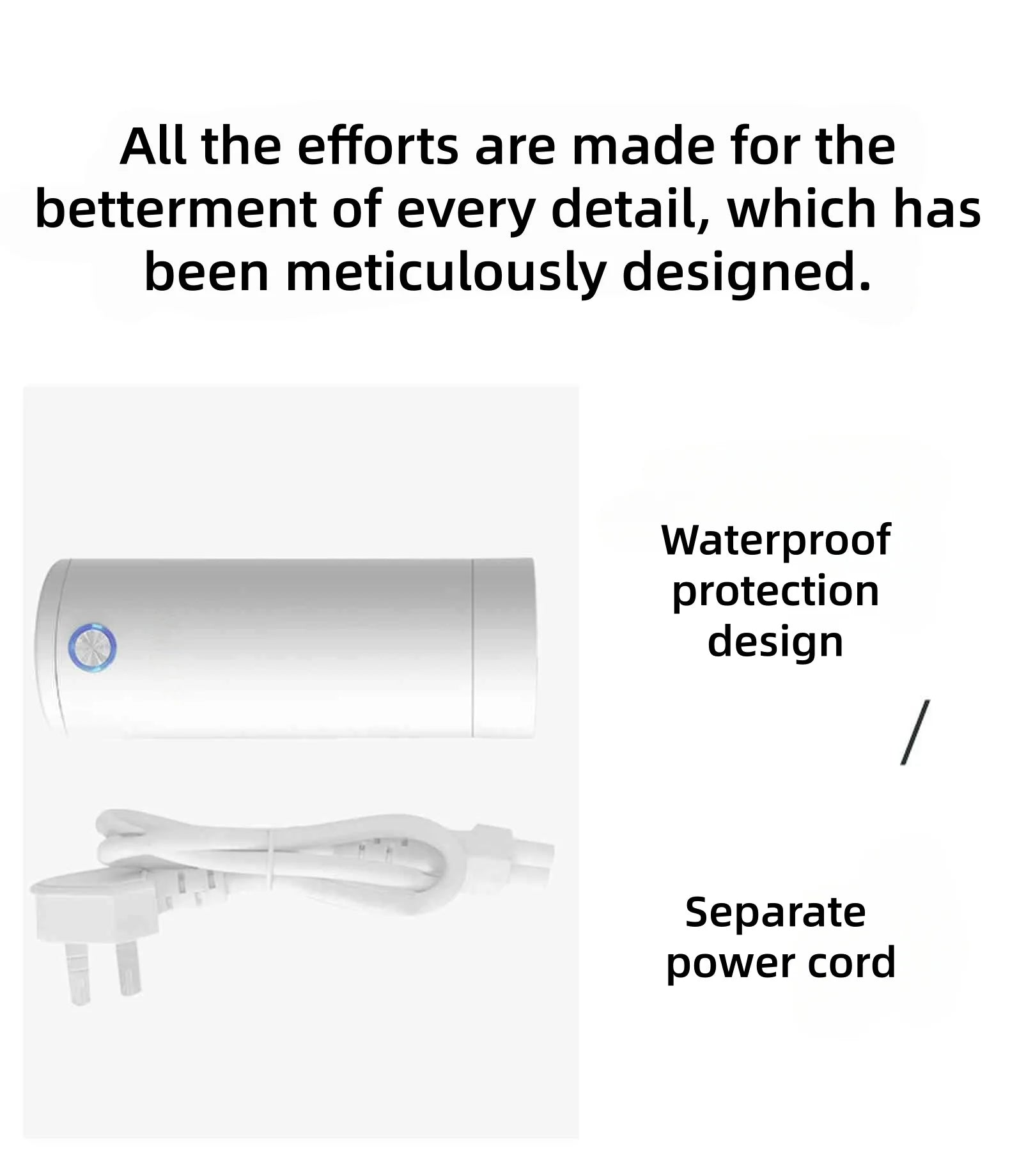 Product with waterproof protection design and separate power cord on a white background