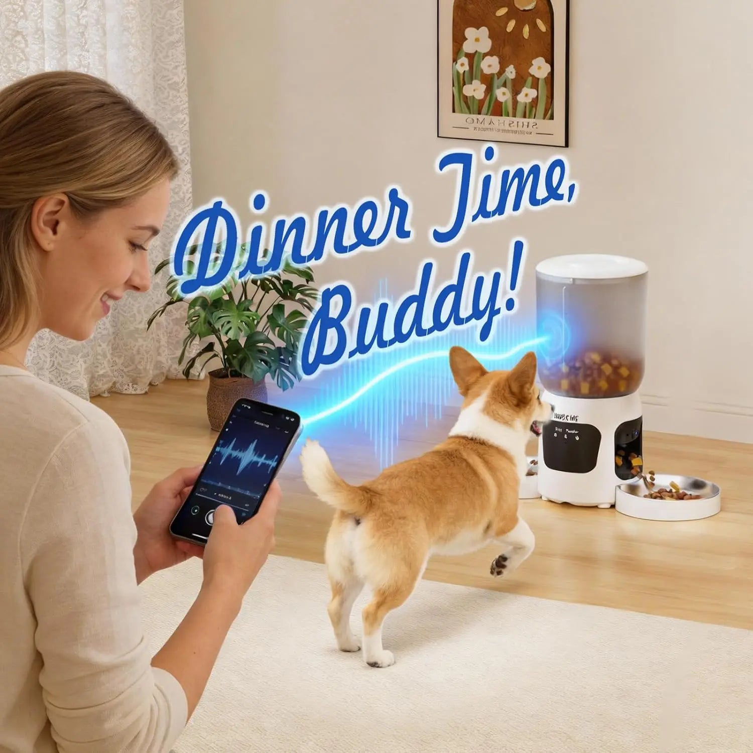 Woman using a smartphone with a dog and a pet food dispenser in a home setting.