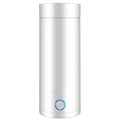 White thermos with a blue label on a white background