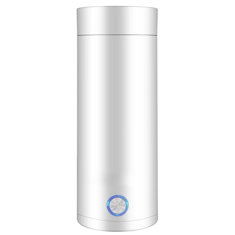White thermos with a blue label on a white background