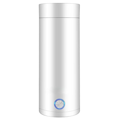 White thermos with a blue label on a white background