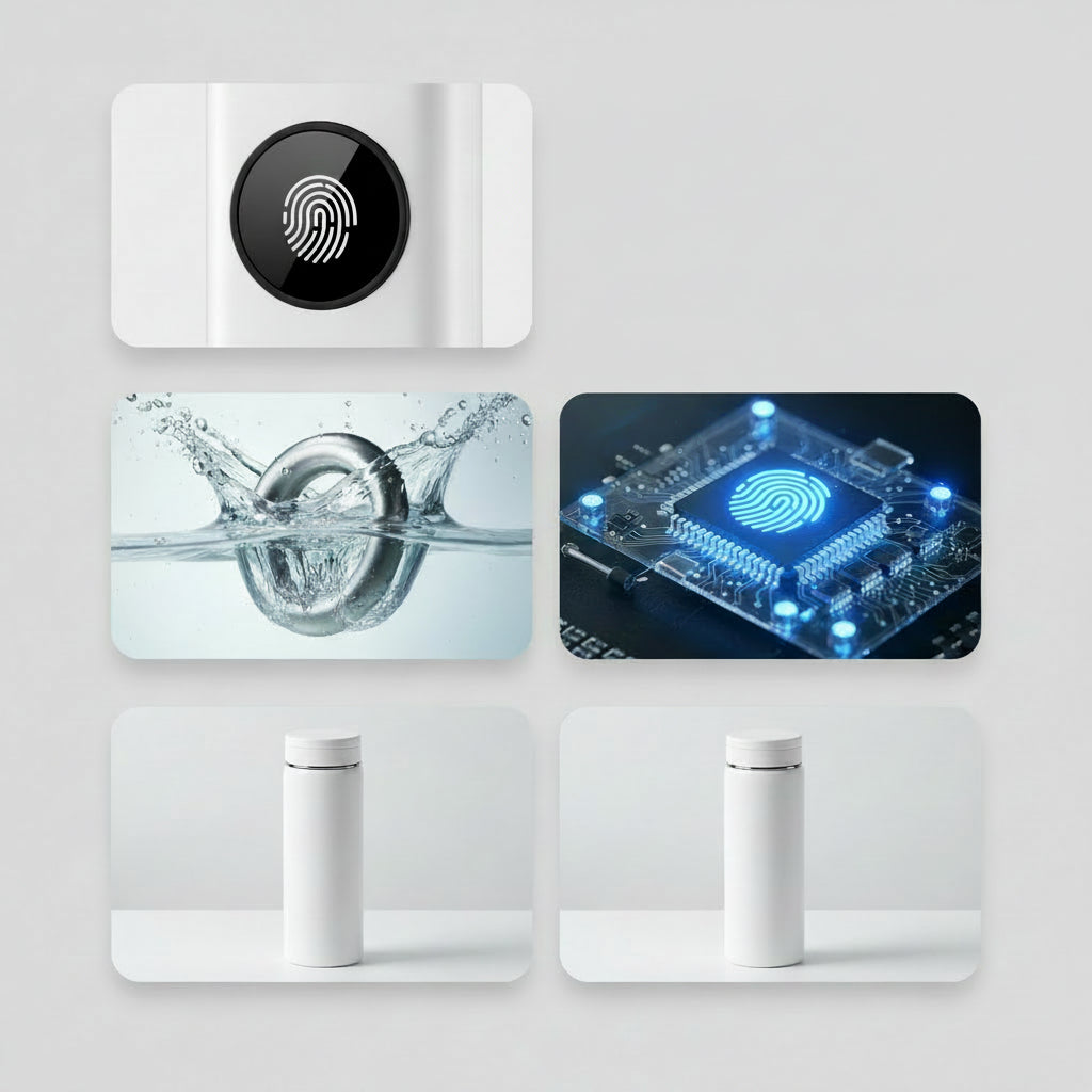 Product features with text and images of a fingerprint sensor on a white background