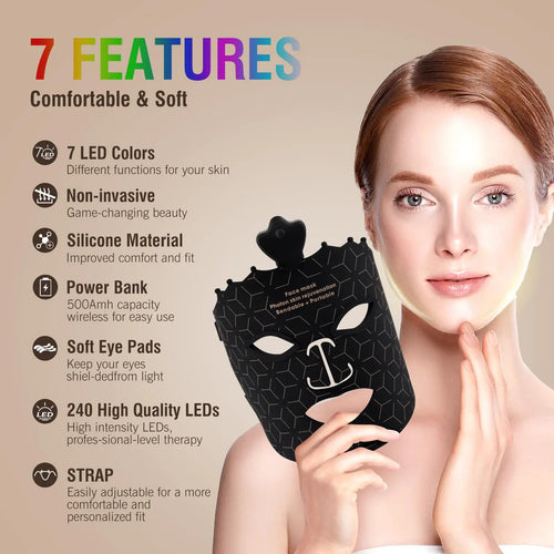 Woman holding a black face mask with text detailing its features on a beige background