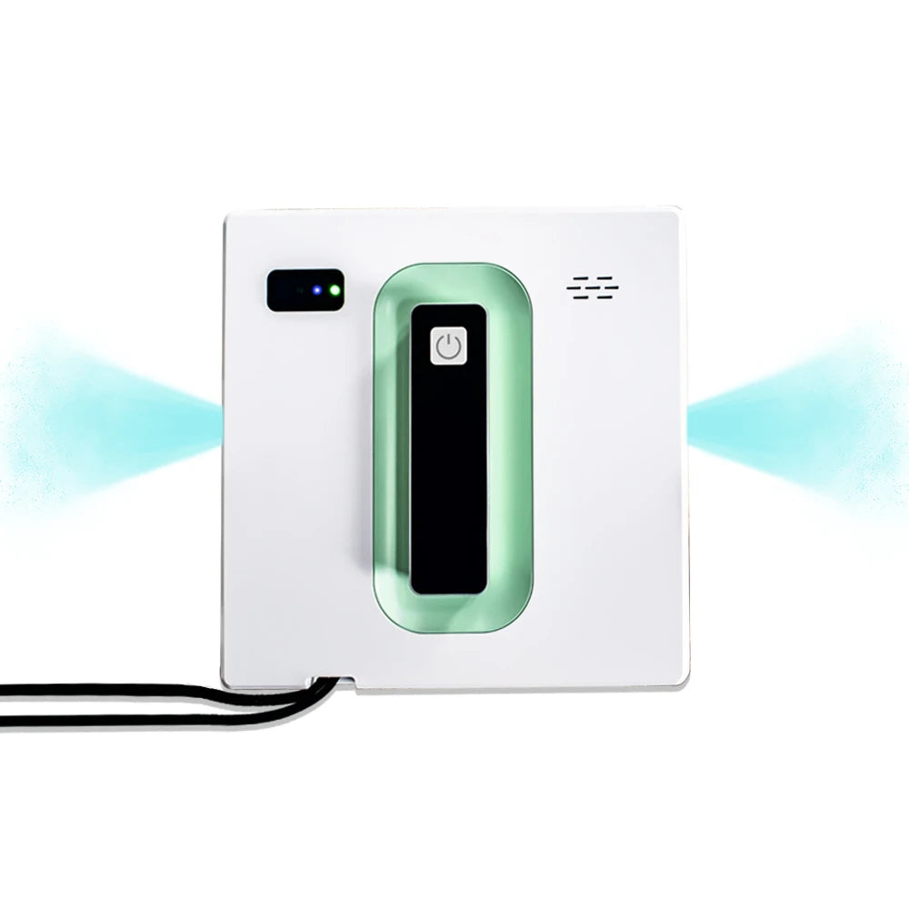 White electronic device with a green light and power symbol on a white background