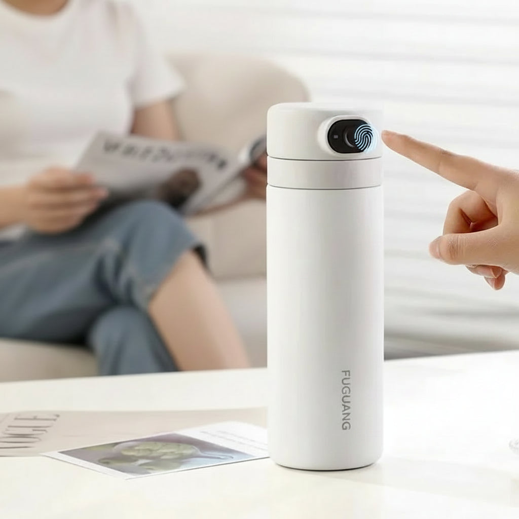 White thermos bottle with a hand pointing at it, on a desk with a blurred office background.