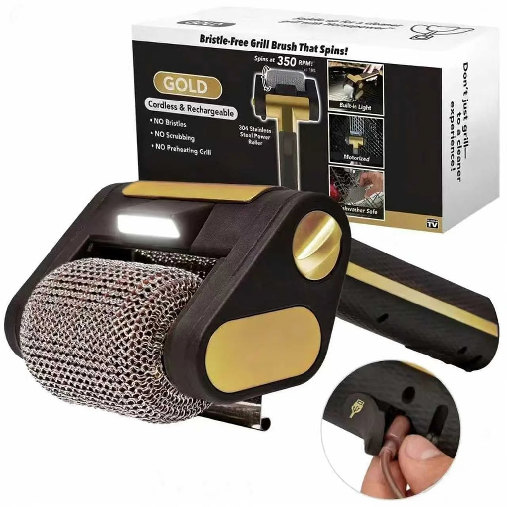 Rechargeable Electric BBQ Grill Brush with LED Light & Replaceable Heads | Stainless Steel