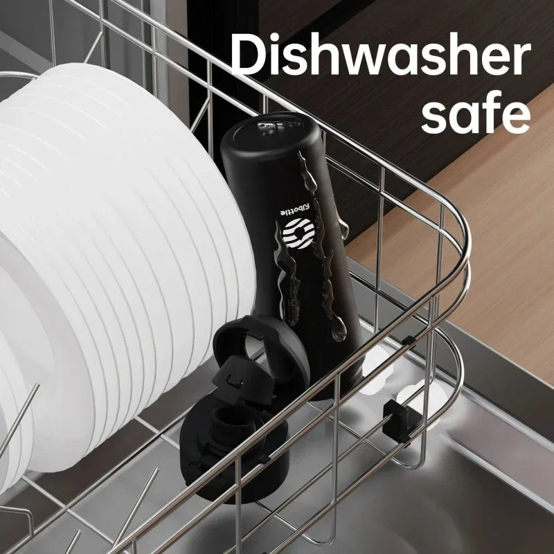 Dishwasher rack with black items and text 'Dishwasher safe' on a kitchen background