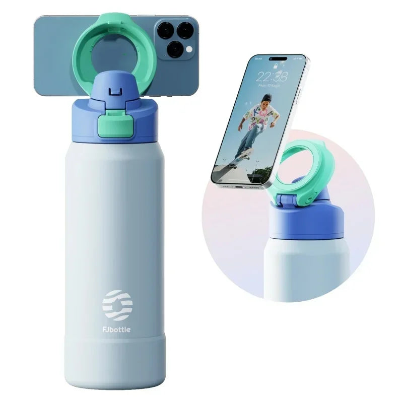 Blue water bottle with green accents and phone holder on a white background