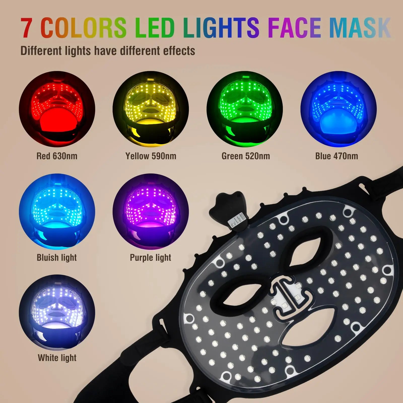 LED lights face mask with color options and effects on a beige background