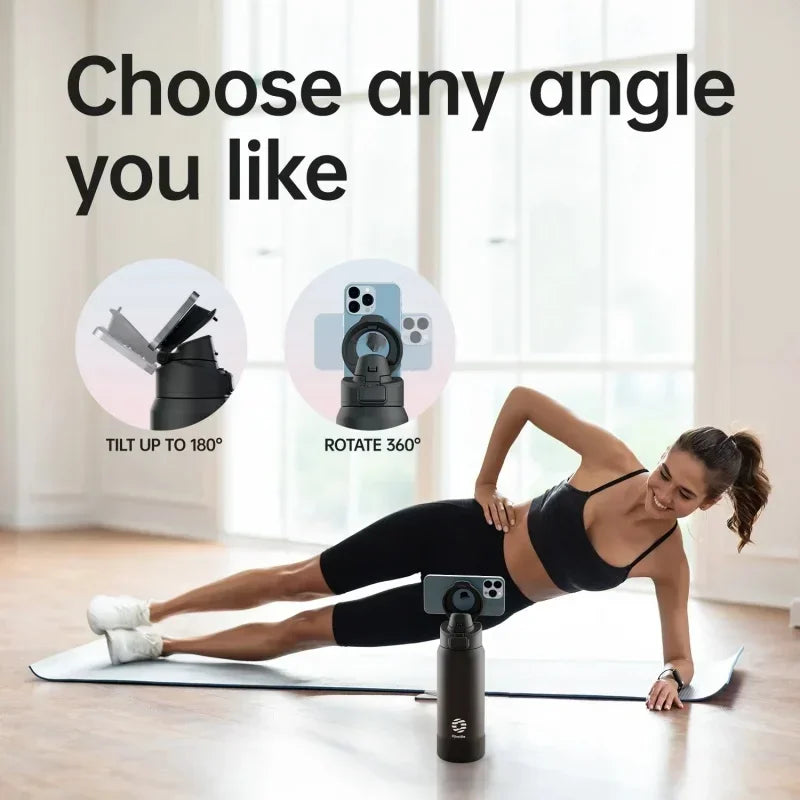 Woman exercising on a mat with a smartphone holder, text 'Choose any angle you like'.