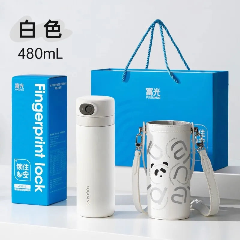 White water bottle with strap, blue packaging, and 'Fingerprint lock' text on a white background