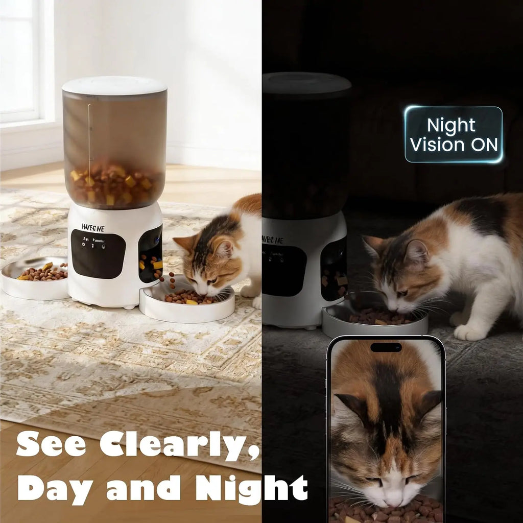 Cat eating from a food dispenser with night vision feature displayed on a phone screen.