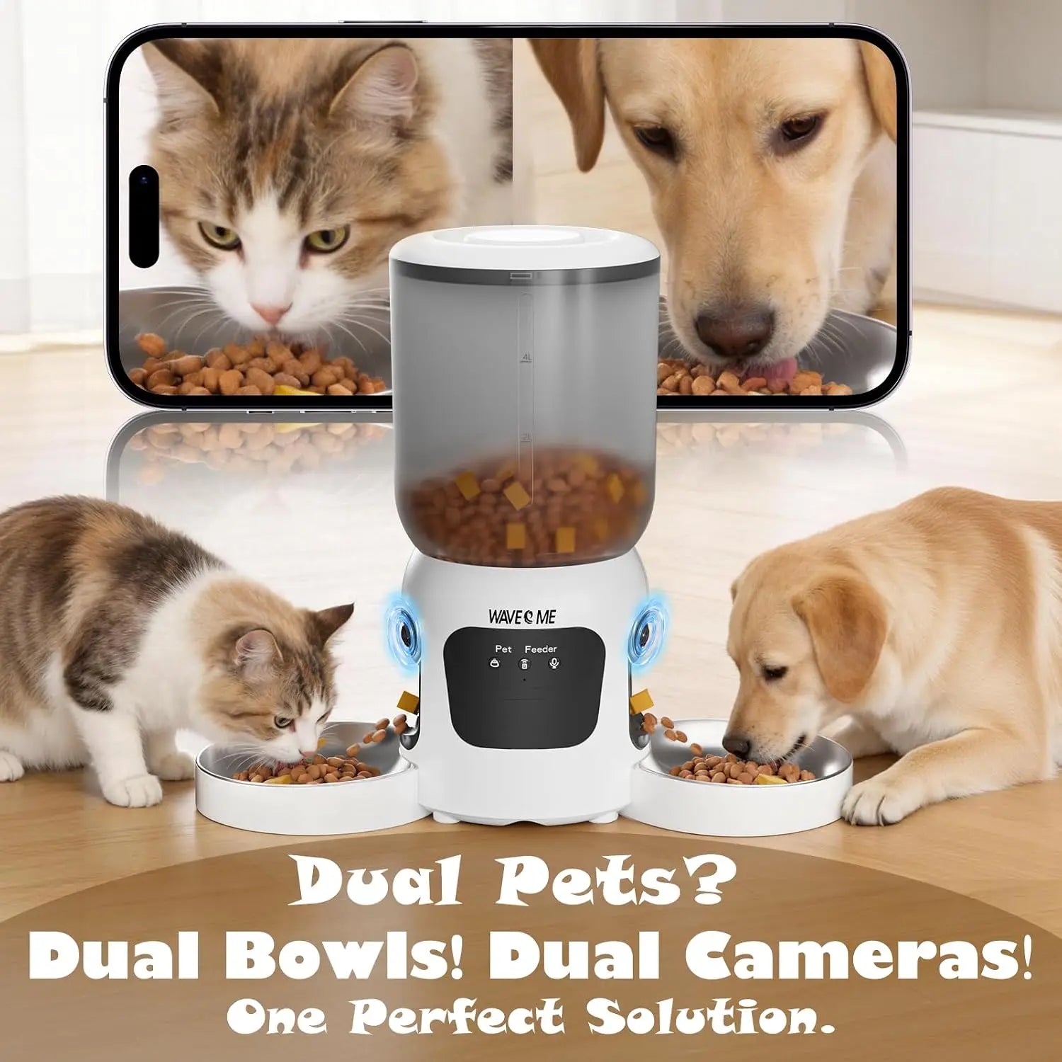 Pet feeder with dual bowls for a cat and a dog, surrounded by images of a cat and a dog eating.