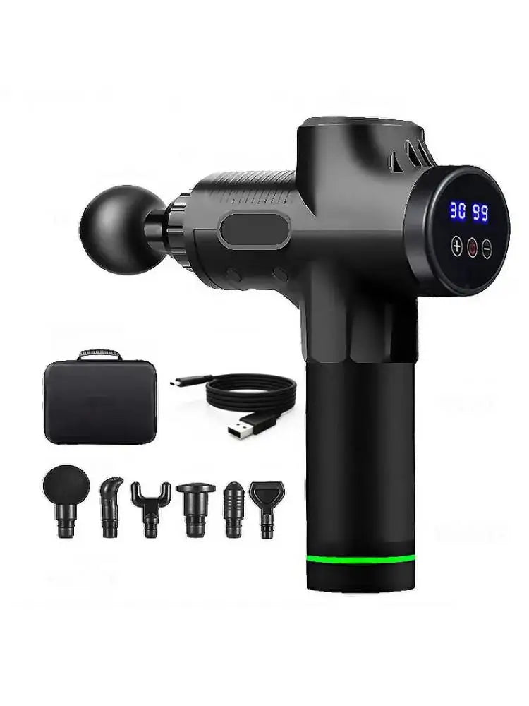 Black massage gun with attachments on a white background