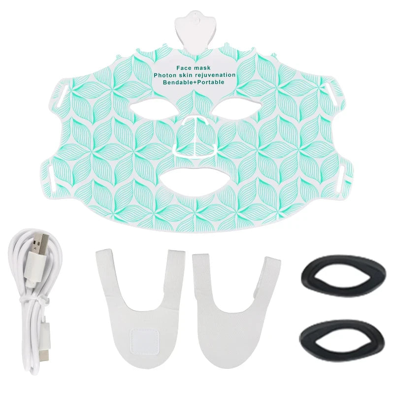 Facial mask with geometric design, USB cable, and attachments on a white background