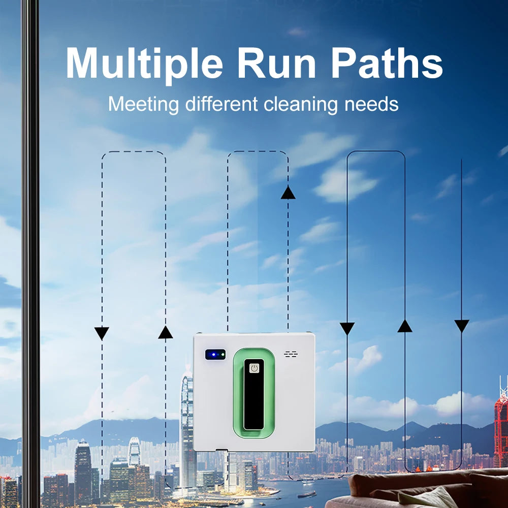 Air purifier with cityscape background and text 'Multiple Run Paths Meeting different cleaning needs'.