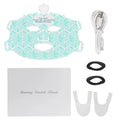 Facial mask set with geometric design, USB cable, and accessories on a white background