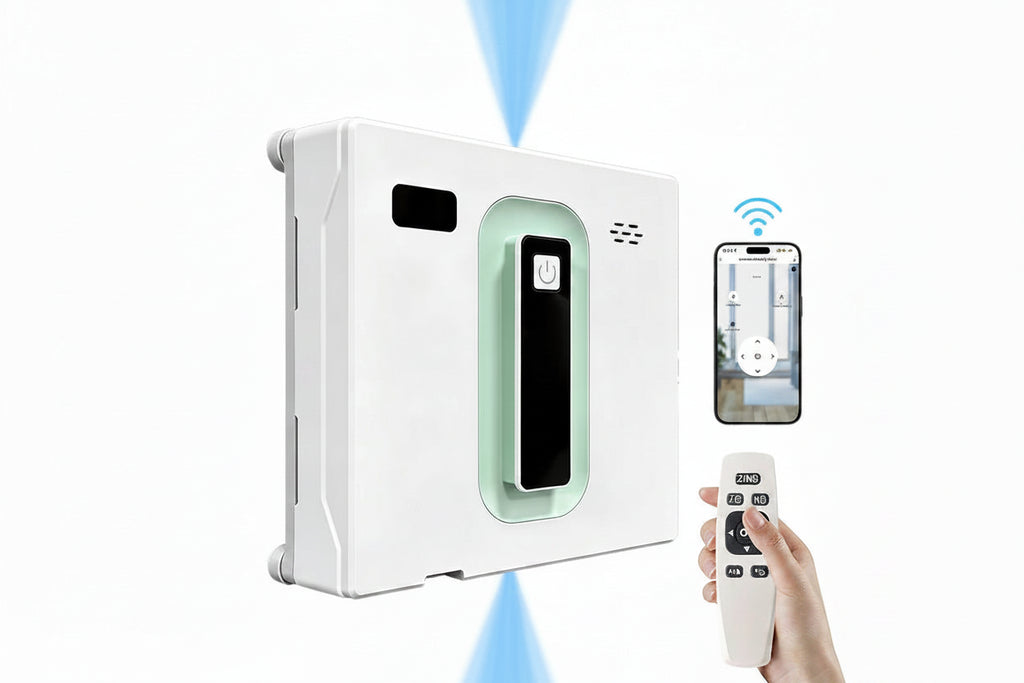 White electronic device with a screen and remote control, emitting a blue mist.