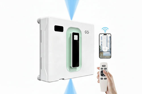 White electronic device with a screen and remote control, emitting a blue mist.