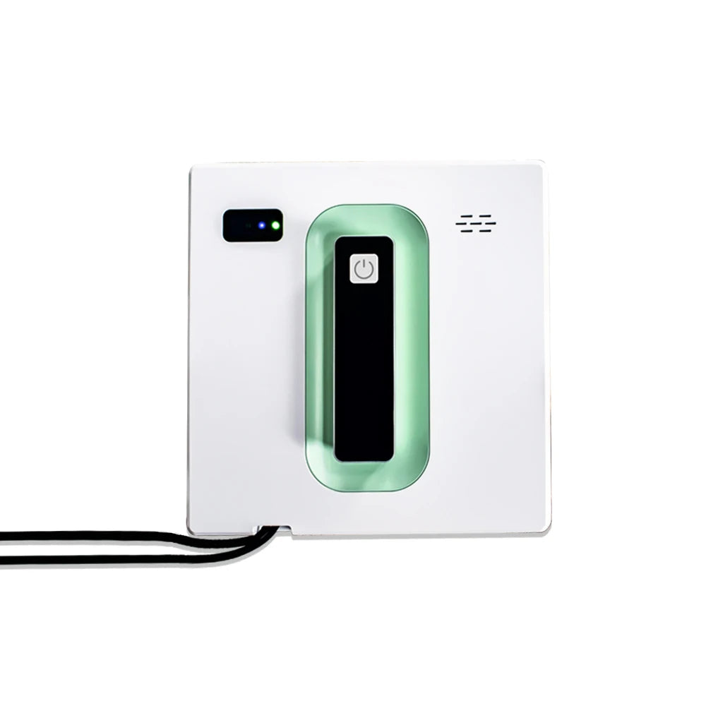 White electronic device with a green power button on a white background