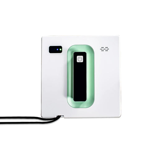White electronic device with a green power button on a white background