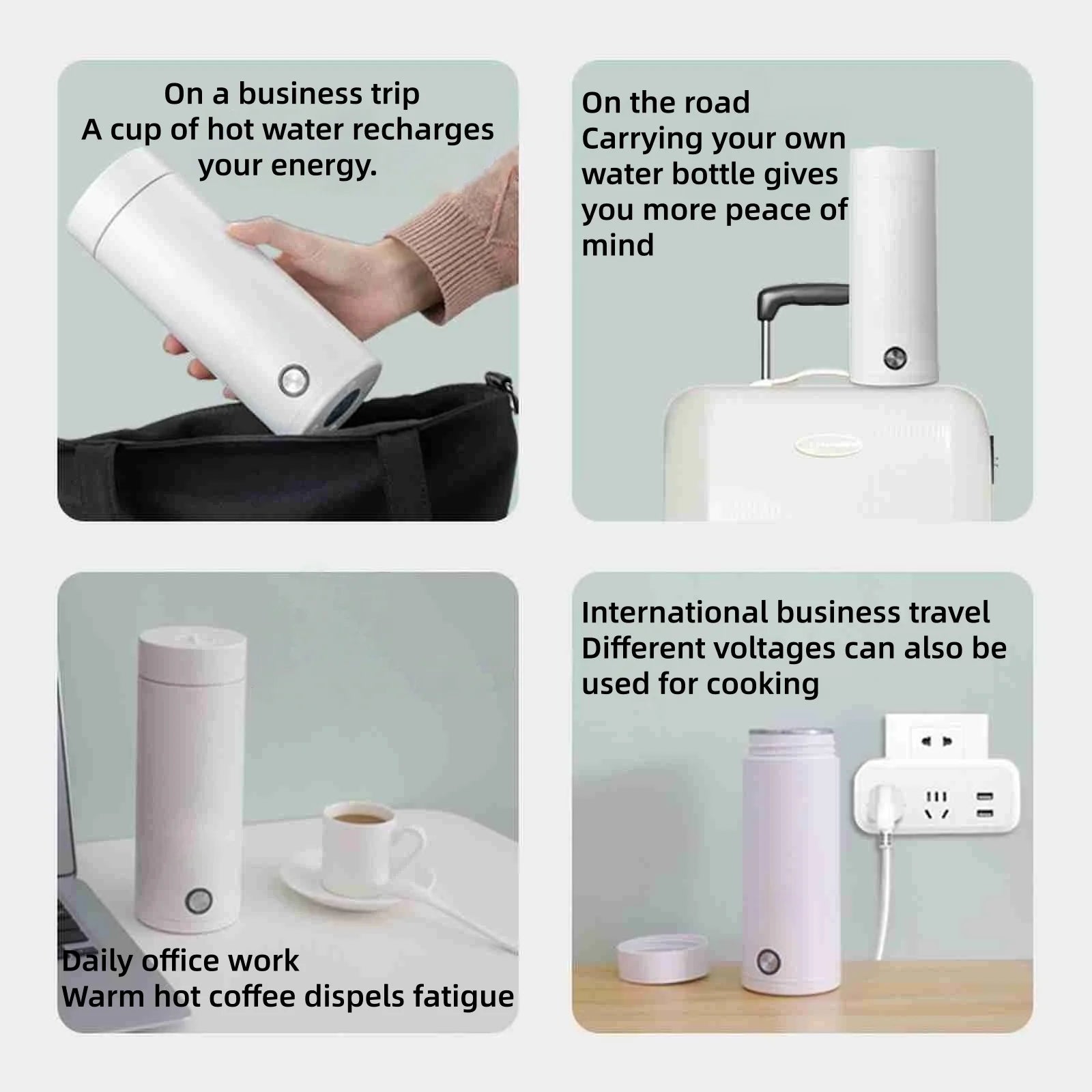 Collage of a white water bottle with various uses on a light gray background