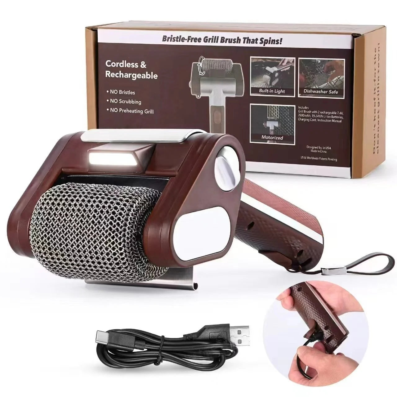 Rechargeable Electric BBQ Grill Brush with LED Light & Replaceable Heads | Stainless Steel