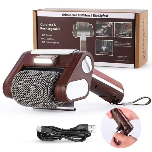 Rechargeable Electric BBQ Grill Brush with LED Light & Replaceable Heads | Stainless Steel