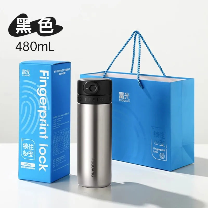 Silver water bottle with blue packaging and text on a white background