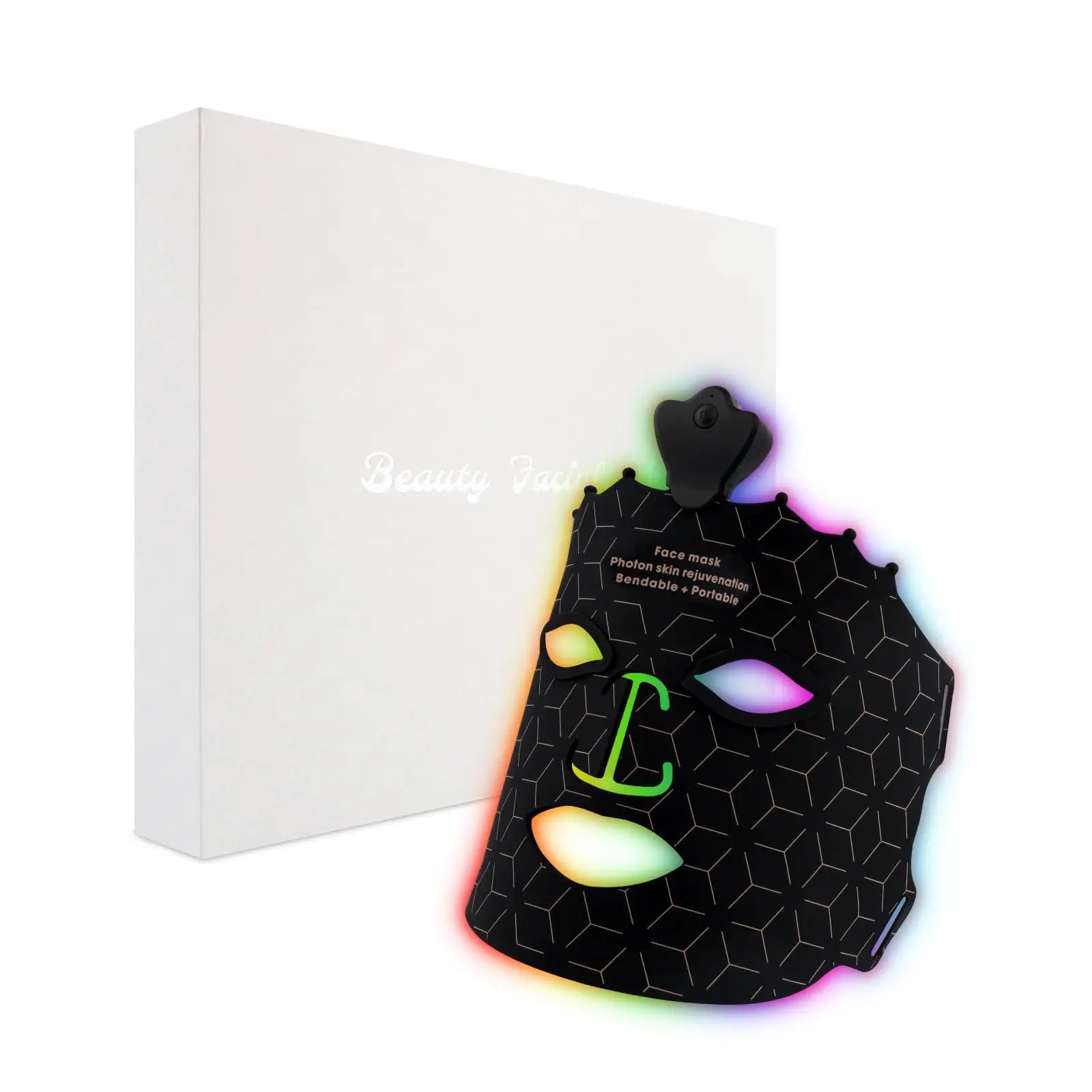 Black face mask with colorful hexagonal patterns on a white background