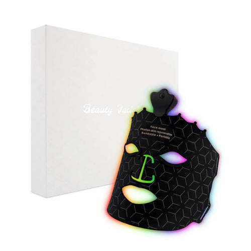 Black face mask with colorful hexagonal patterns on a white background