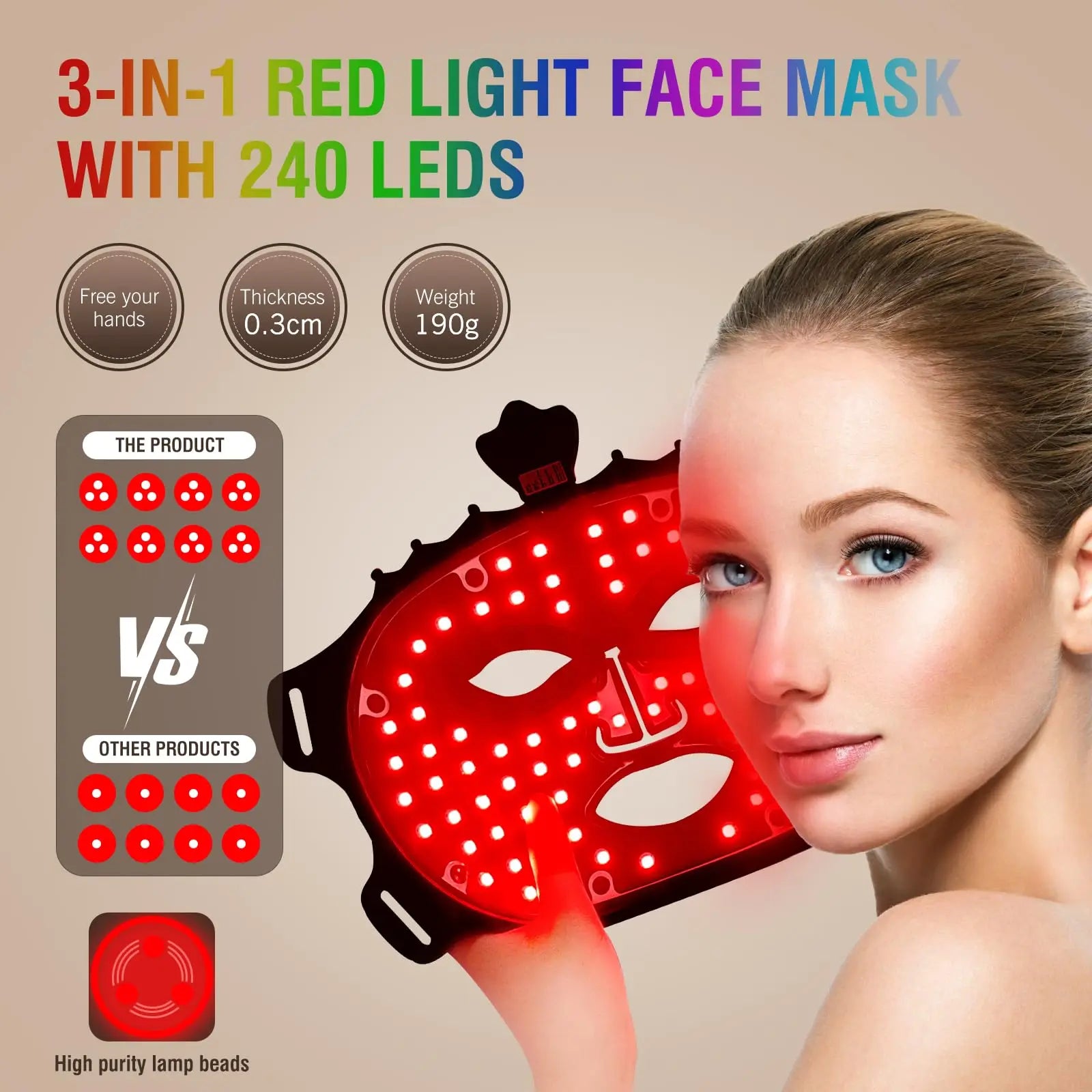 3-in-1 red light face mask with 240 LEDs displayed with a woman's face.