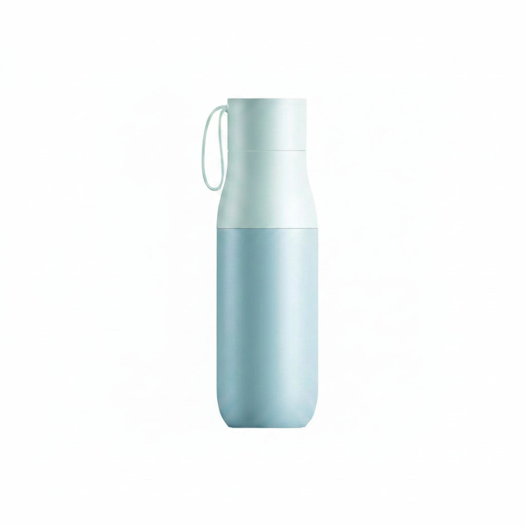 A light blue and mint green insulated water bottle with a matching cap and carrying loop, set against a plain white background.